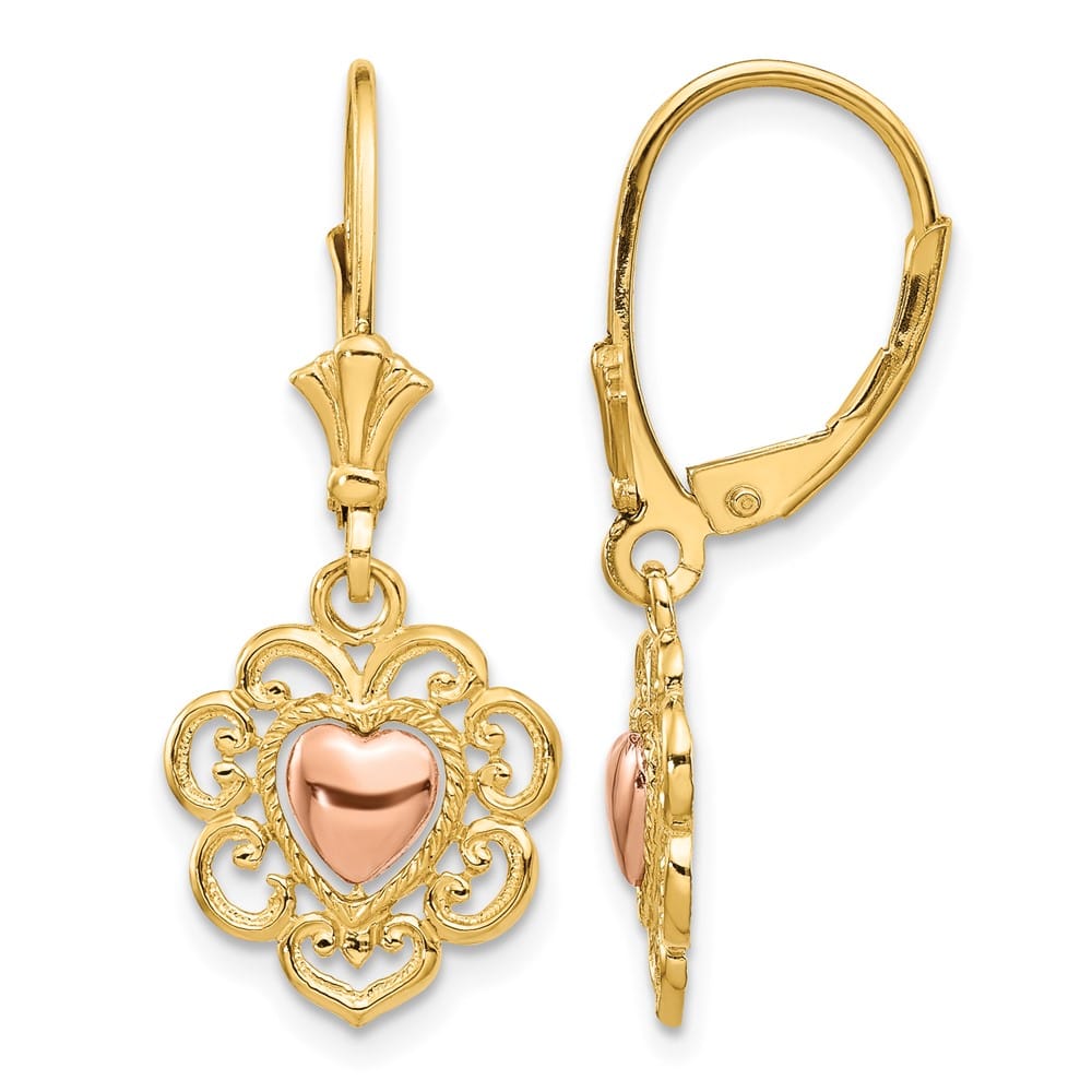 14K Two-Tone Gold Two-tone Heart with Lace Trim Leverback Earrings, view 1 of 4