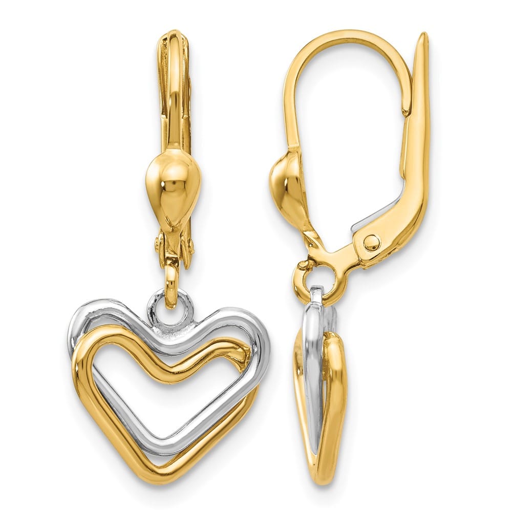 14K Two-Tone Gold Two-tone Open Heart Dangle Leverback Earrings, view 1 of 4
