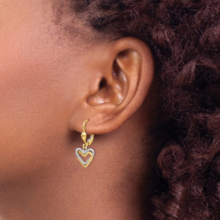 14K Two-Tone Gold Two-tone Open Heart Dangle Leverback Earrings, view 3 of 4