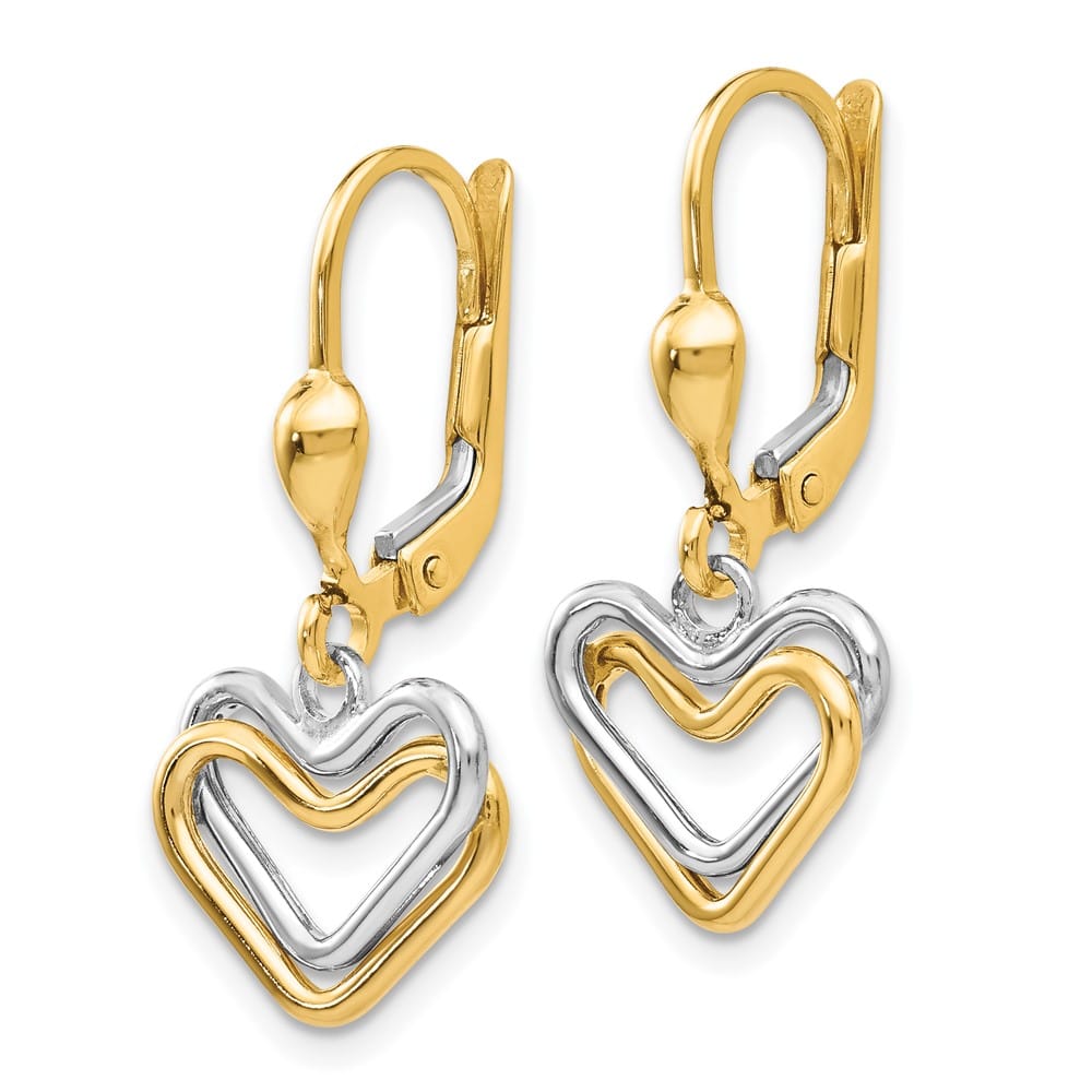 14K Two-Tone Gold Two-tone Open Heart Dangle Leverback Earrings, view 2 of 4