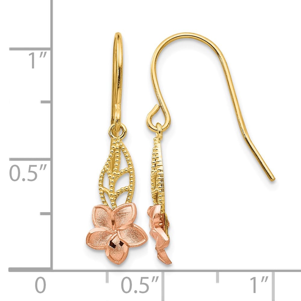 14K Two-Tone Gold Two-tone Plumeria Dangle French Wire 24 mm Earrings, view 4 of 4