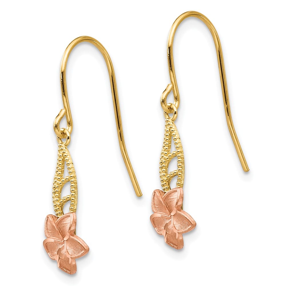 14K Two-Tone Gold Two-tone Plumeria Dangle French Wire 24 mm Earrings, view 2 of 4