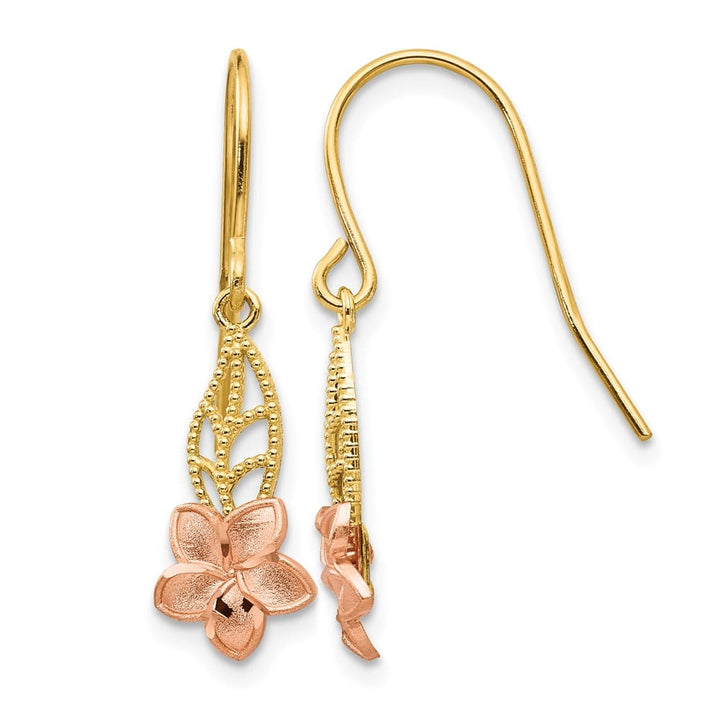 14K Two-Tone Gold Two-tone Plumeria Dangle French Wire 24 mm Earrings, view 1 of 4
