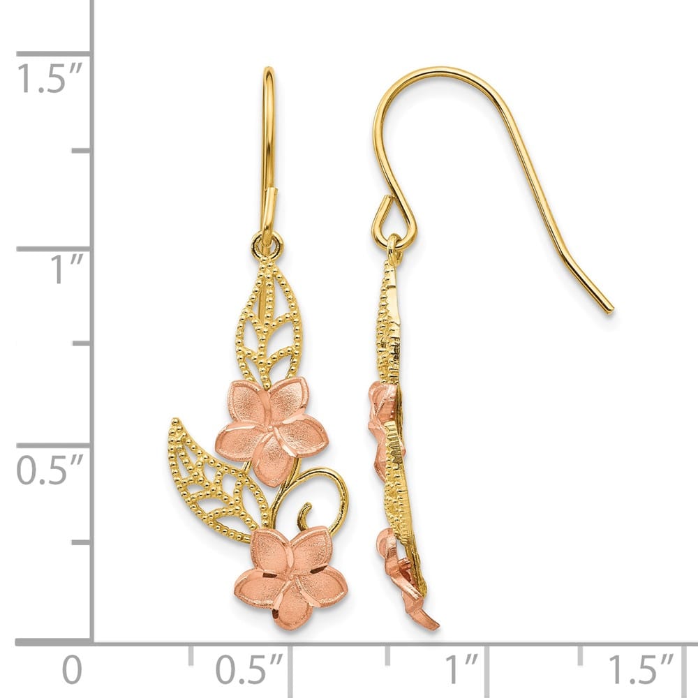 14K Two-Tone Gold Two-tone Plumeria Dangle French Wire 34 mm Earrings, view 4 of 4