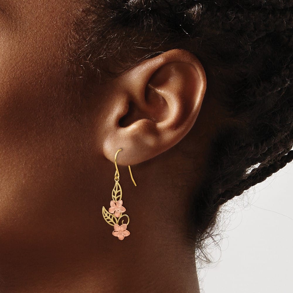 14K Two-Tone Gold Two-tone Plumeria Dangle French Wire 34 mm Earrings, view 3 of 4