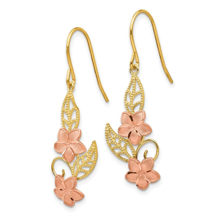 14K Two-Tone Gold Two-tone Plumeria Dangle French Wire 34 mm Earrings, view 2 of 4