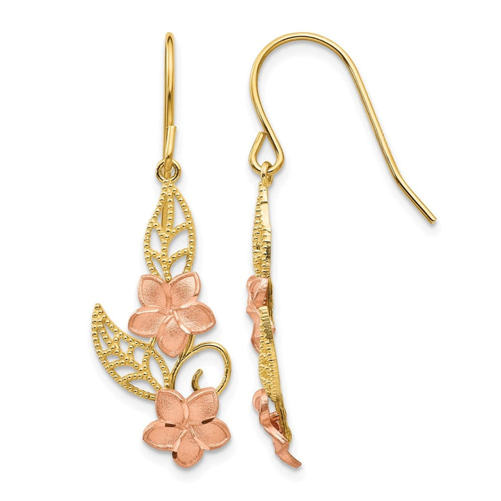 14K Two-Tone Gold Two-tone Plumeria Dangle French Wire 34 mm Earrings, view 1 of 4
