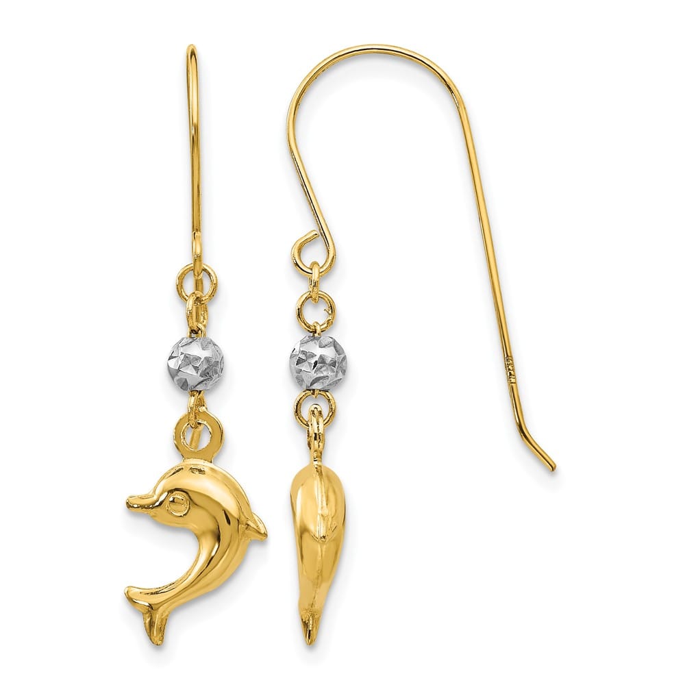14K Two-Tone Gold Two-tone Puffed Dolphin French Hook Earrings, view 1 of 4