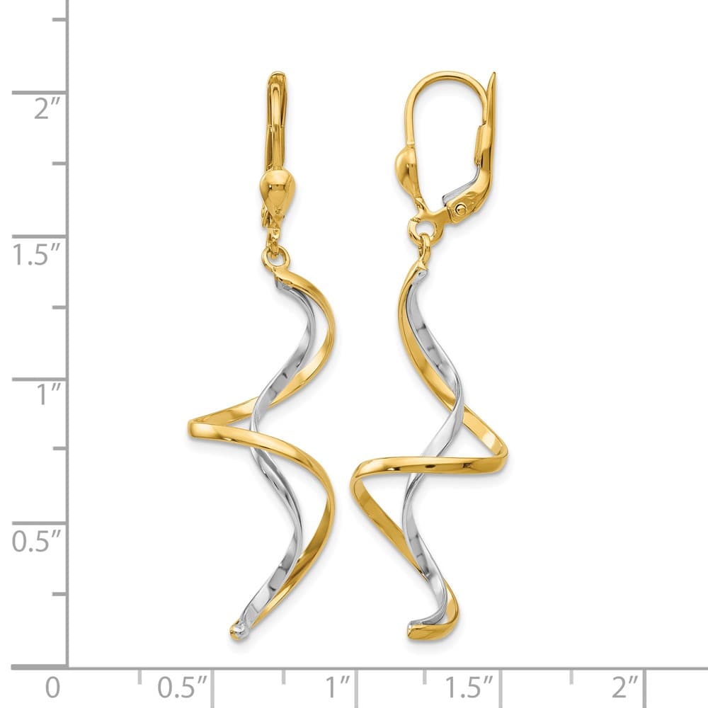 14K Two-Tone Gold Two-tone Spiral Dangle Leverback 50 x 14 mm Earrings, view 4 of 4