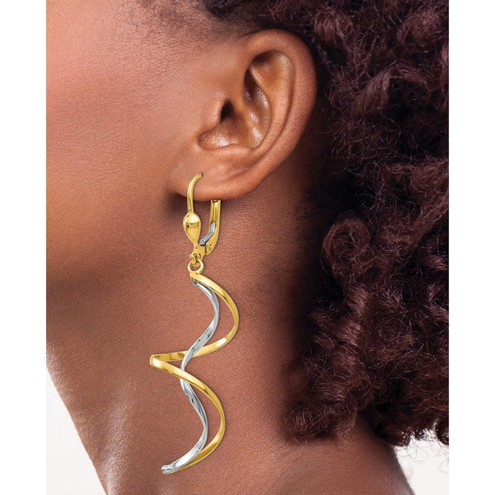 14K Two-Tone Gold Two-tone Spiral Dangle Leverback 50 x 14 mm Earrings, view 3 of 4