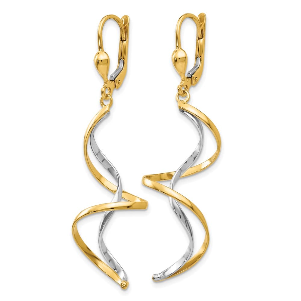 14K Two-Tone Gold Two-tone Spiral Dangle Leverback 50 x 14 mm Earrings, view 2 of 4