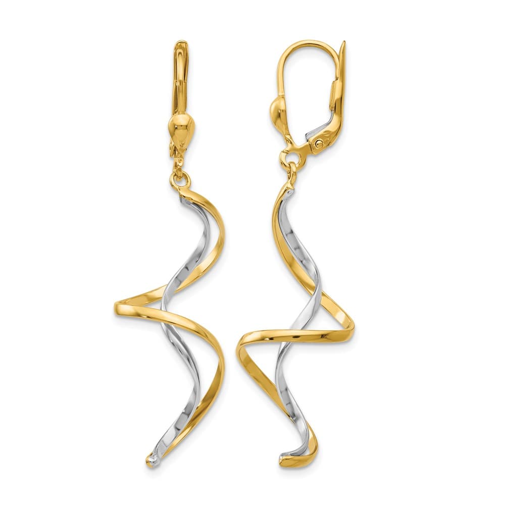14K Two-Tone Gold Two-tone Spiral Dangle Leverback 50 x 14 mm Earrings, view 1 of 4