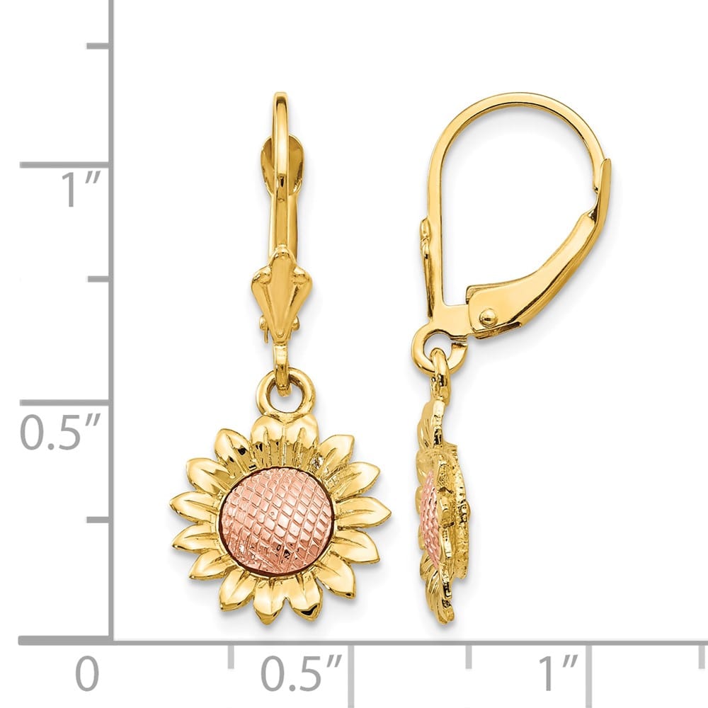 14K Two-Tone Gold Two-tone Sunflower Dangle Leverback Earrings, view 4 of 4