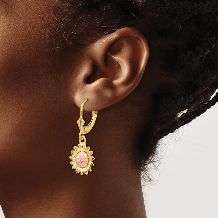 14K Two-Tone Gold Two-tone Sunflower Dangle Leverback Earrings, view 3 of 4