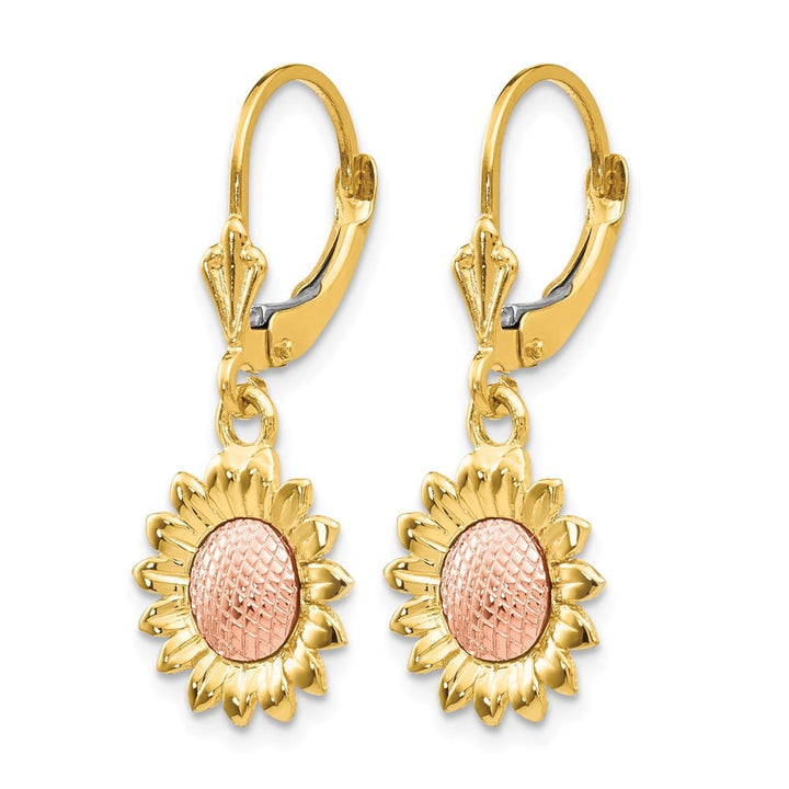 14K Two-Tone Gold Two-tone Sunflower Dangle Leverback Earrings, view 2 of 4