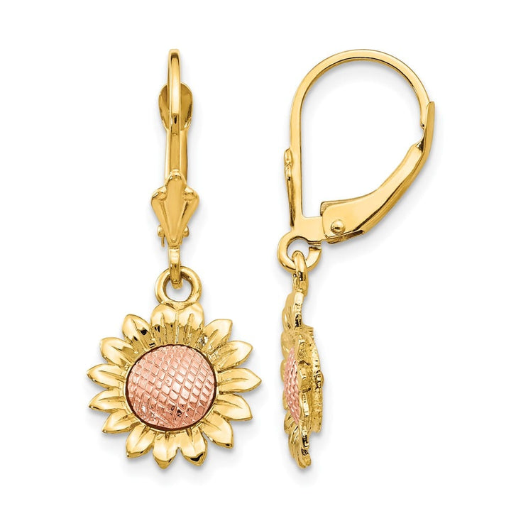 14K Two-Tone Gold Two-tone Sunflower Dangle Leverback Earrings, view 1 of 4