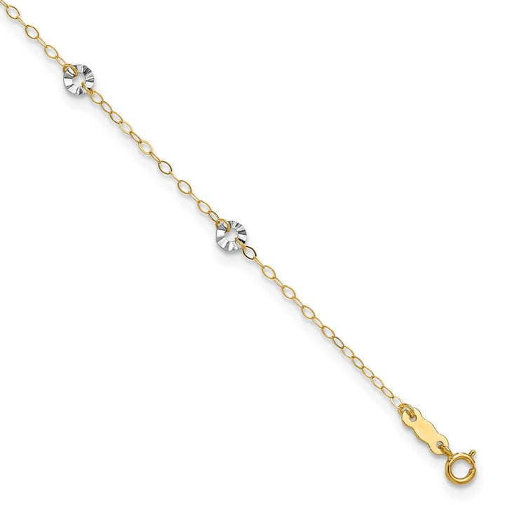 14K Two-Tone Gold Wavy Circles 6-Station Anklet — solid 14K two-tone gold, 9 inches long, 1 inch extension, 1 mm wide, spring ring clasp, 0.89 g