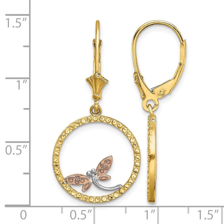 14K Two-Tone Gold White D.C. Dragonfly in Circle Leverback Earrings, view 4 of 4