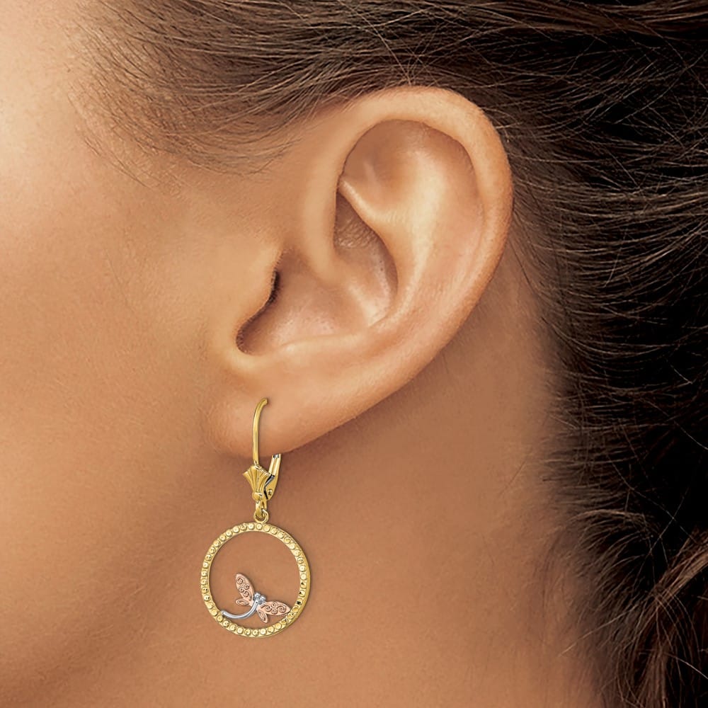 14K Two-Tone Gold White D.C. Dragonfly in Circle Leverback Earrings, view 3 of 4