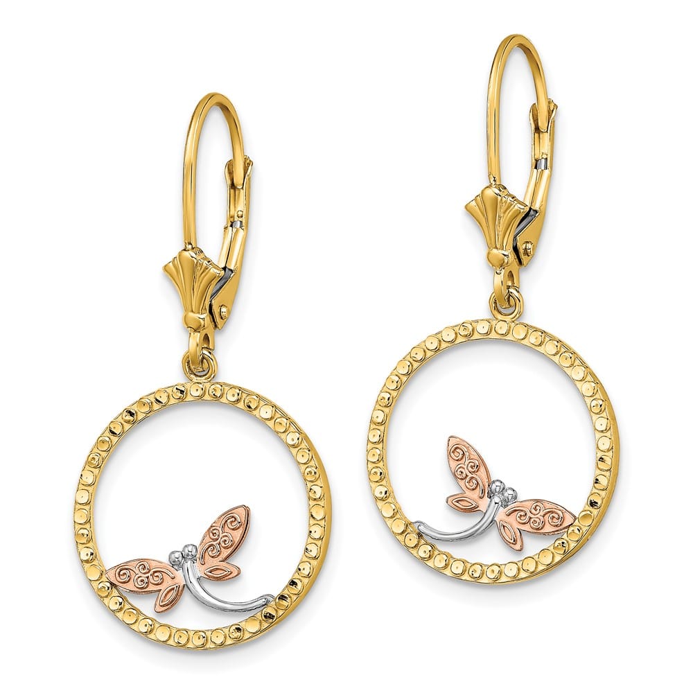 14K Two-Tone Gold White D.C. Dragonfly in Circle Leverback Earrings, view 2 of 4