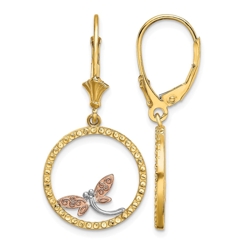 14K Two-Tone Gold White D.C. Dragonfly in Circle Leverback Earrings, view 1 of 4