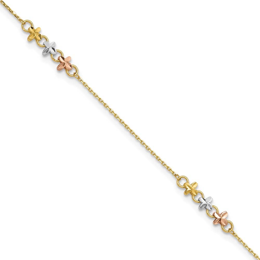 14K Two-Tone Gold White Rhodium 3-Station Flowers Anklet — solid 14K two-tone gold, 9 inches long, 1 inch extension, 0.7 mm wide, spring ring clasp, 1.68 g