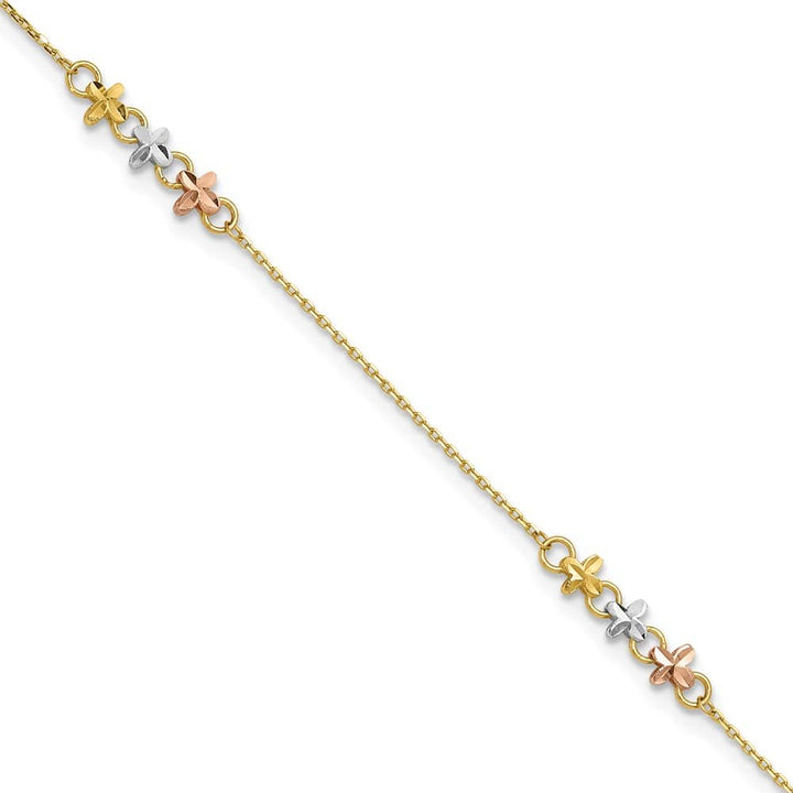 14K Two-Tone Gold White Rhodium 3-Station Flowers Anklet — solid 14K two-tone gold, 9 inches long, 1 inch extension, 0.7 mm wide, spring ring clasp, 1.68 g