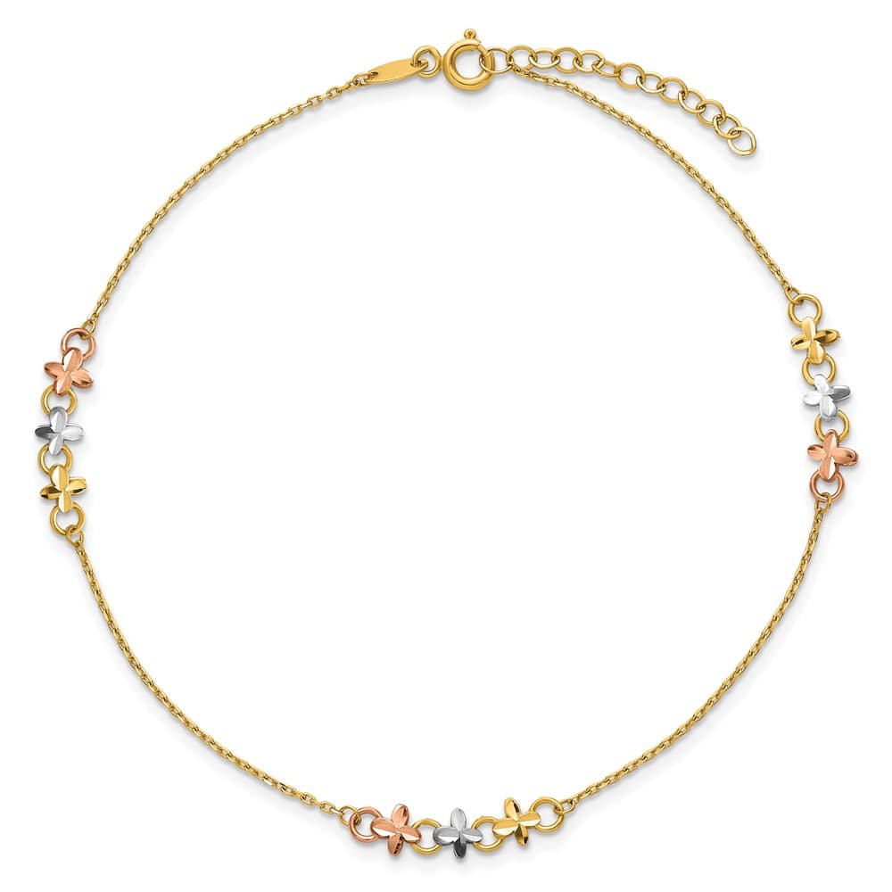 14K Two-Tone Gold White Rhodium 3-Station Flowers Anklet