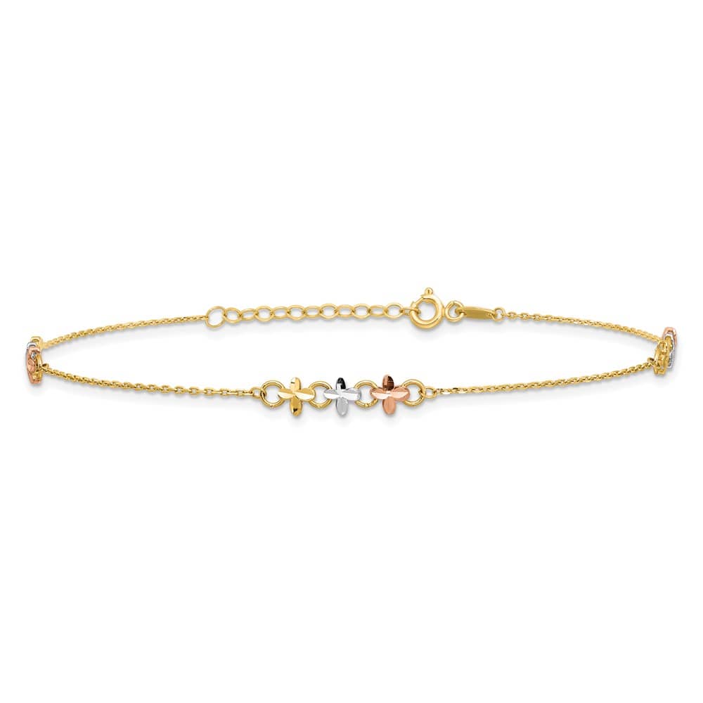 14K Two-Tone Gold White Rhodium 3-Station Flowers Anklet