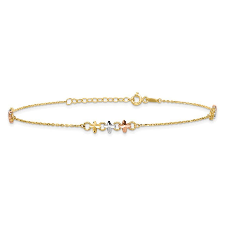 14K Two-Tone Gold White Rhodium 3-Station Flowers Anklet