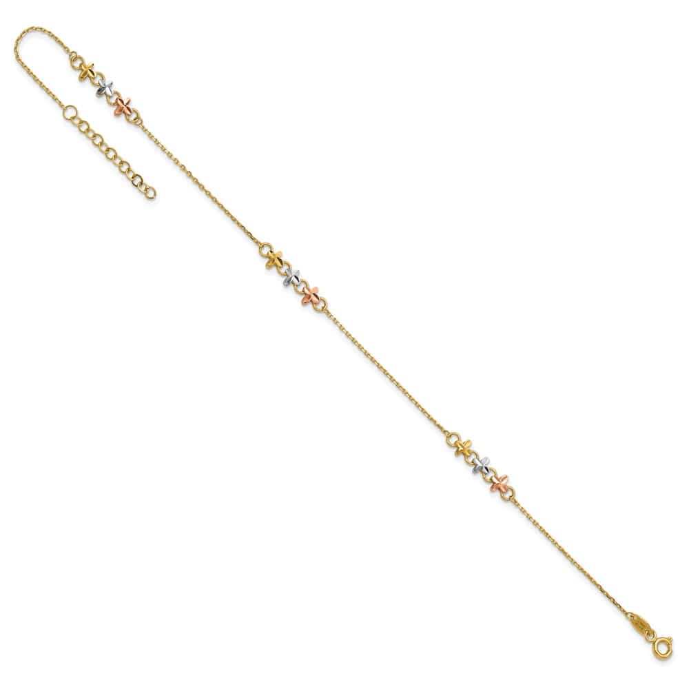 14K Two-Tone Gold White Rhodium 3-Station Flowers Anklet