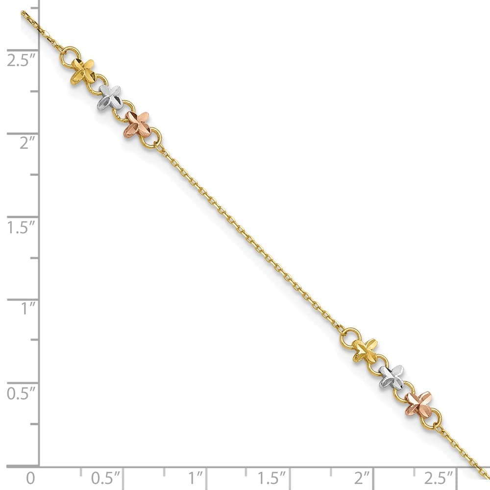 14K Two-Tone Gold White Rhodium 3-Station Flowers Anklet