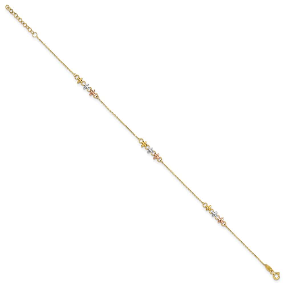 14K Two-Tone Gold White Rhodium 3-Station Flowers Anklet