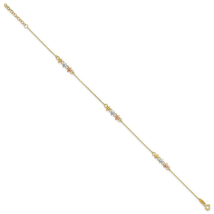 14K Two-Tone Gold White Rhodium 3-Station Flowers Anklet