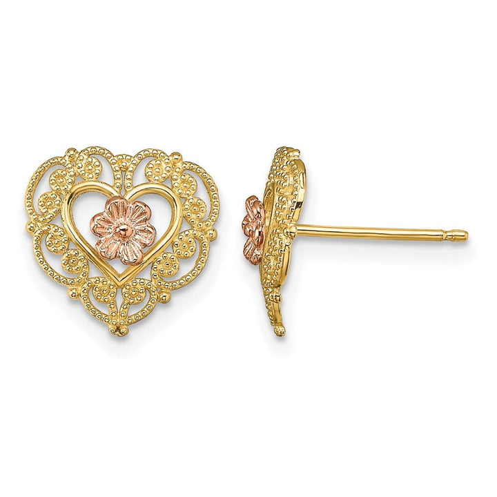 14K Two-Tone Gold with Lace Trim and Flower Heart Post Earrings, view 1 of 4