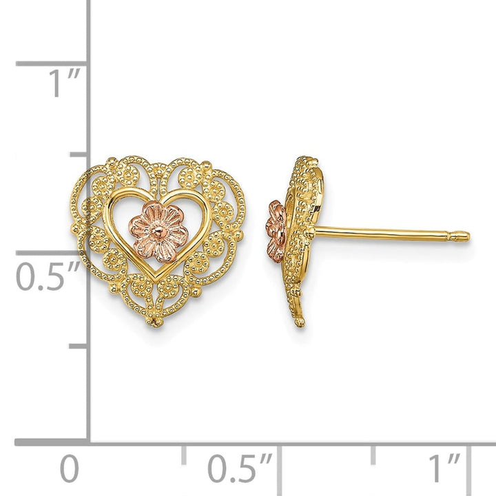14K Two-Tone Gold with Lace Trim and Flower Heart Post Earrings, view 4 of 4