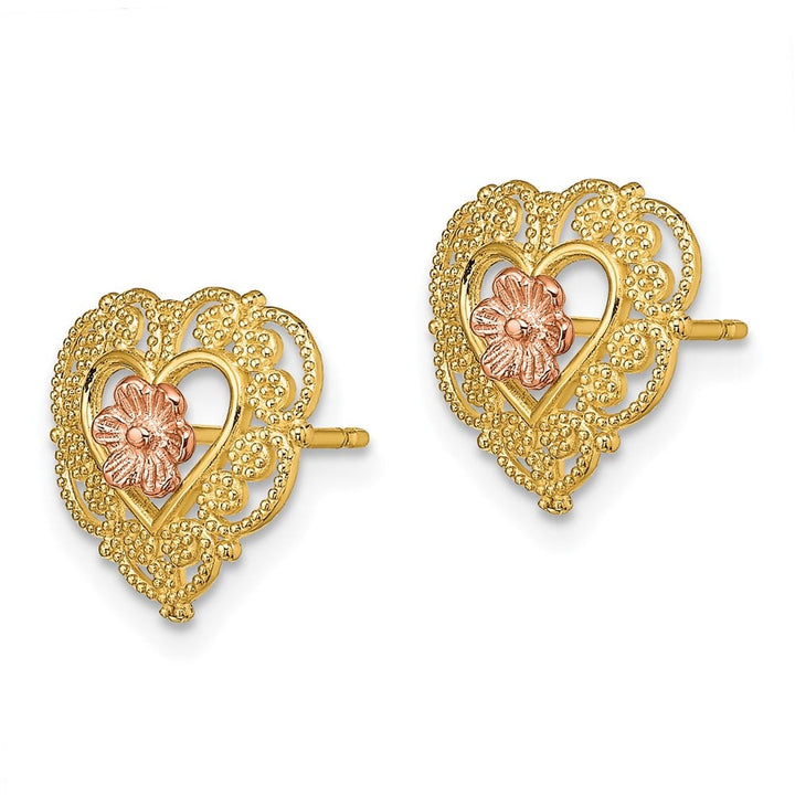 14K Two-Tone Gold with Lace Trim and Flower Heart Post Earrings, view 2 of 4