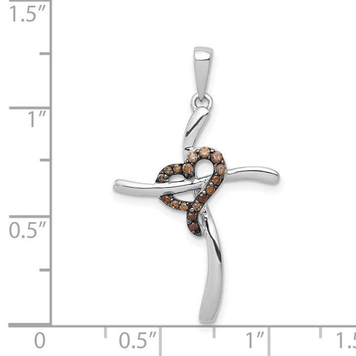 14K White Gold 1/10 CT Champagne Diamond Heart Cross Pendant
