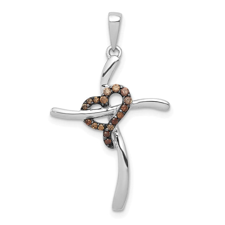 14K White Gold 1/10 CT Champagne Diamond Heart Cross Pendant