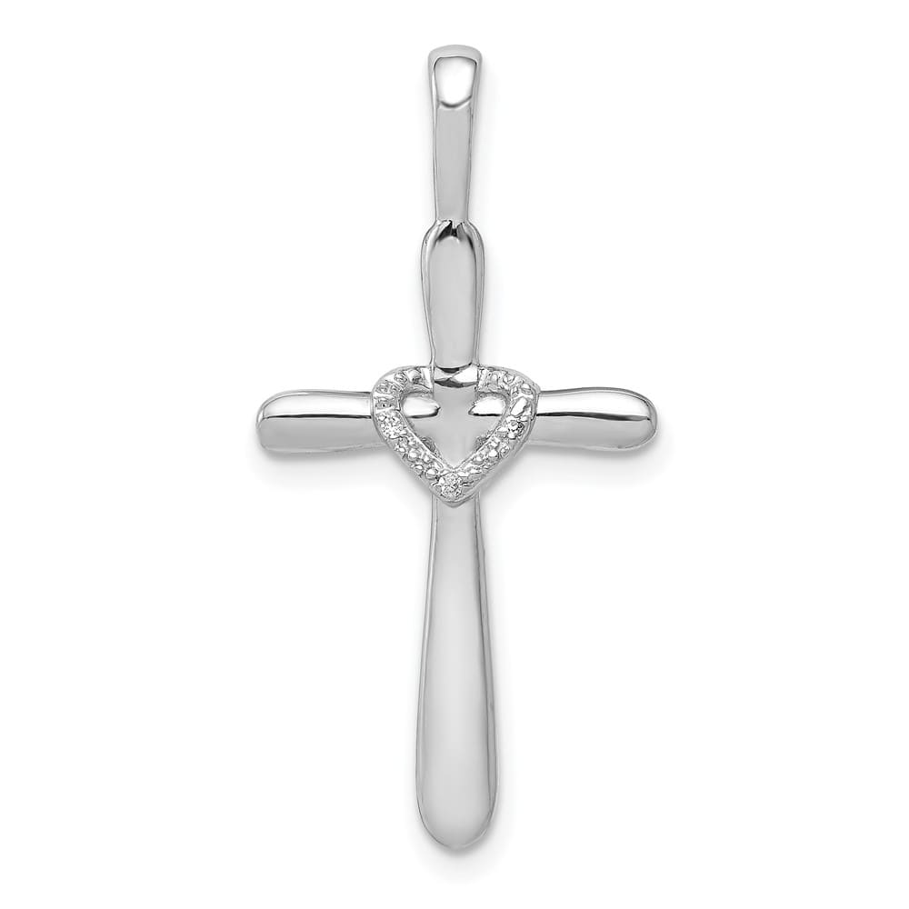 14K White Gold 1/10 CT Diamond Cross with Heart Pendant