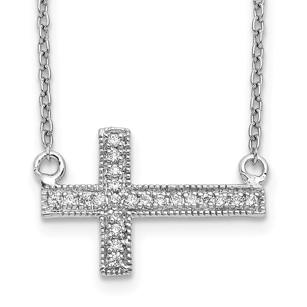14K White Gold 1/10 ct Diamond Sideways Cross 12x17mm 18 inch Necklace