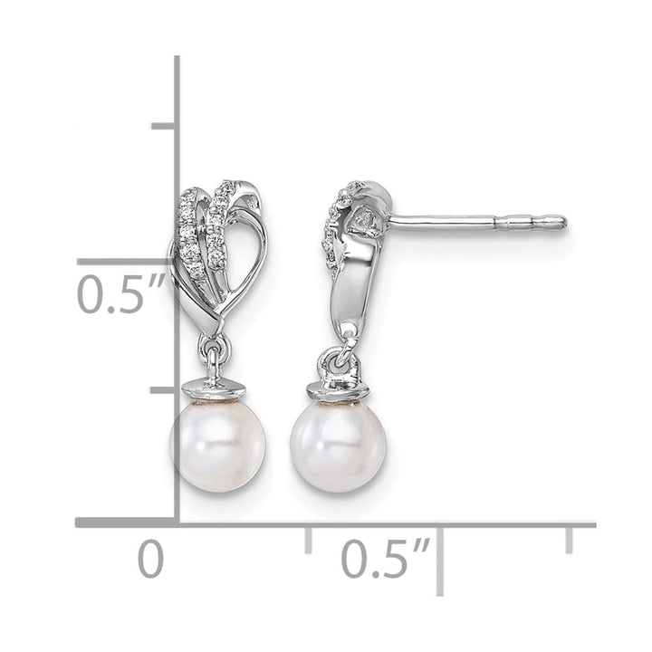 14K White Gold 1/15 carat Diamond and White Pearl Dangle Post Earrings, view 3 of 3