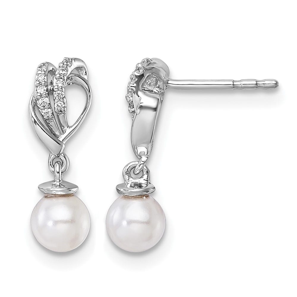 14K White Gold 1/15 carat Diamond and White Pearl Dangle Post Earrings, view 1 of 3