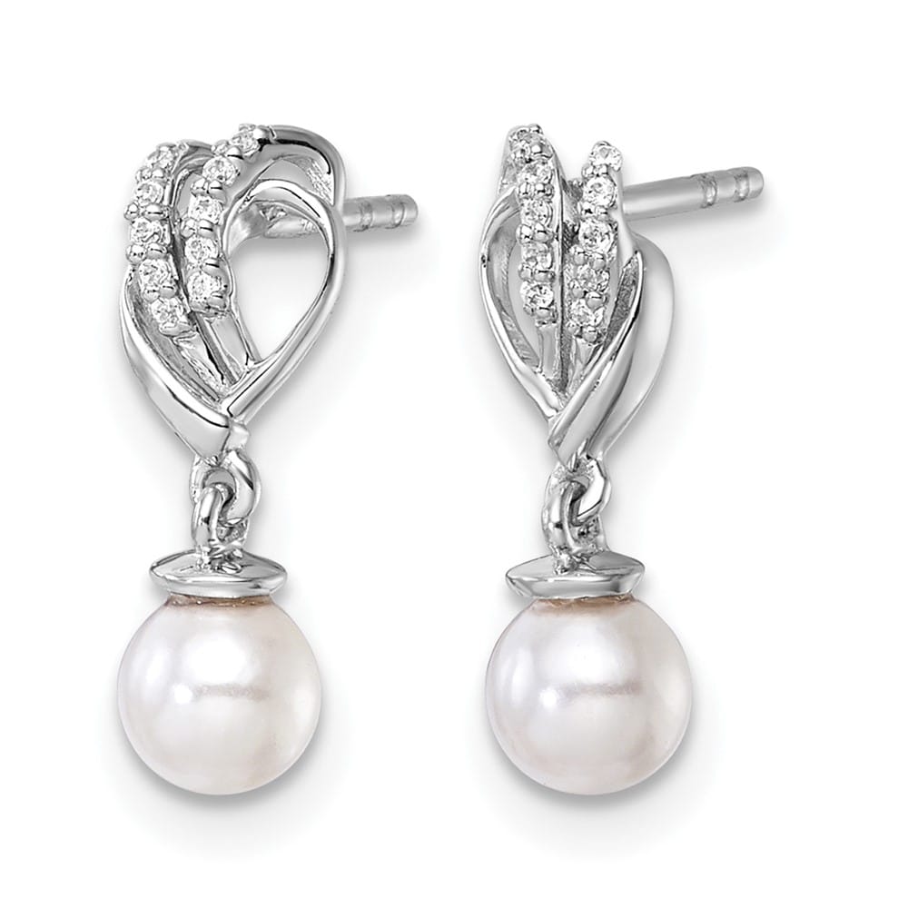 14K White Gold 1/15 carat Diamond and White Pearl Dangle Post Earrings, view 2 of 3