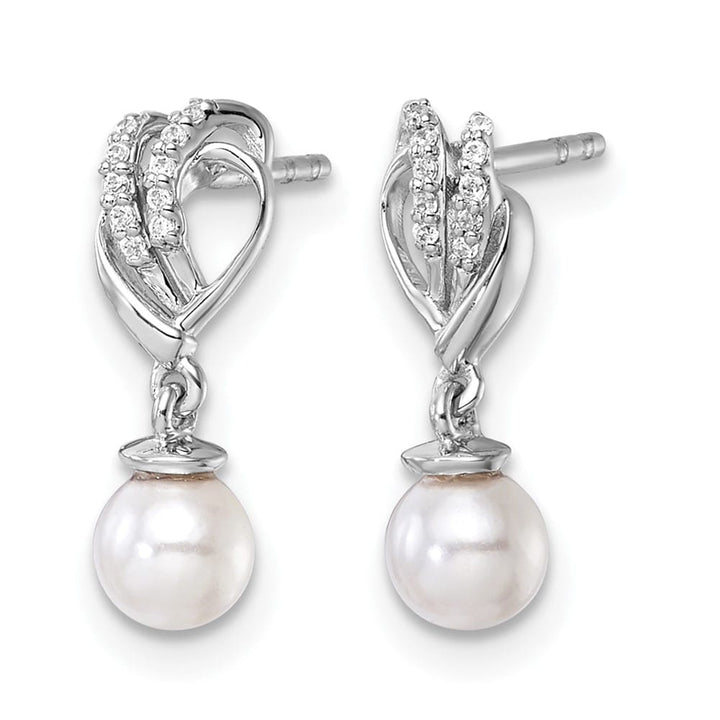 14K White Gold 1/15 carat Diamond and White Pearl Dangle Post Earrings, view 2 of 3