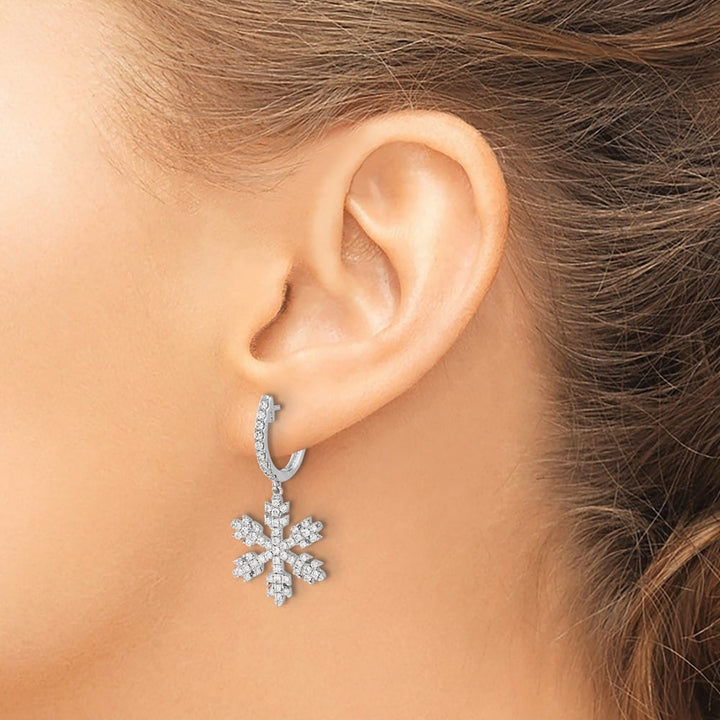 14K White Gold 1/2 carat Diamond Snowflake Dangle Hinged Hoop Earrings, view 7 of 8