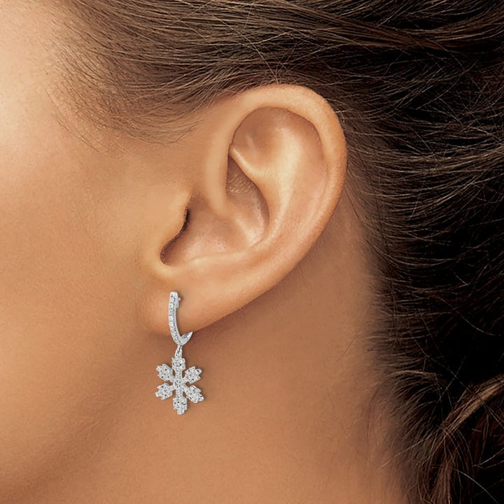 14K White Gold 1/2 carat Diamond Snowflake Dangle Hinged Hoop Earrings, view 3 of 8