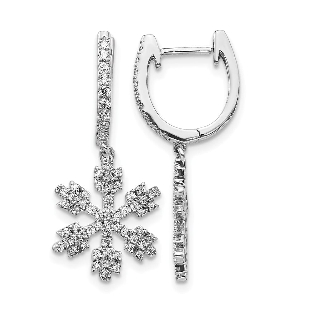 14K White Gold 1/2 carat Diamond Snowflake Dangle Hinged Hoop Earrings, view 1 of 8