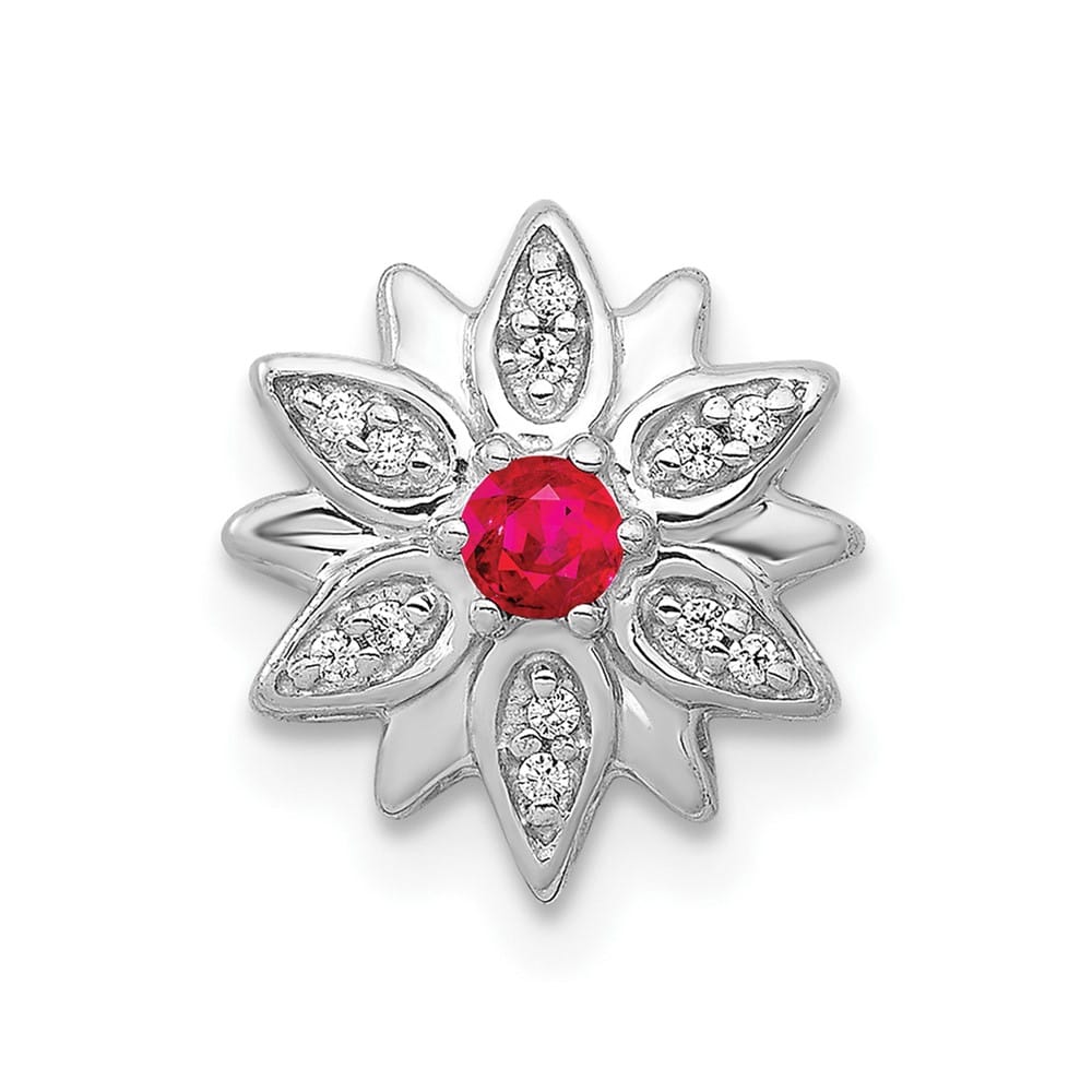 14K White Gold 1/20 Carat Diamond and Ruby Flower Chain Slide