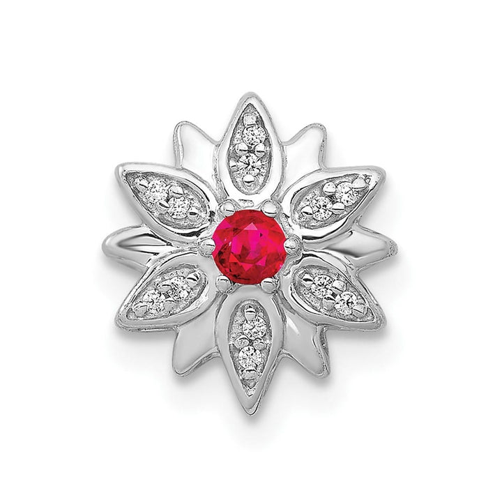 14K White Gold 1/20 Carat Diamond and Ruby Flower Chain Slide